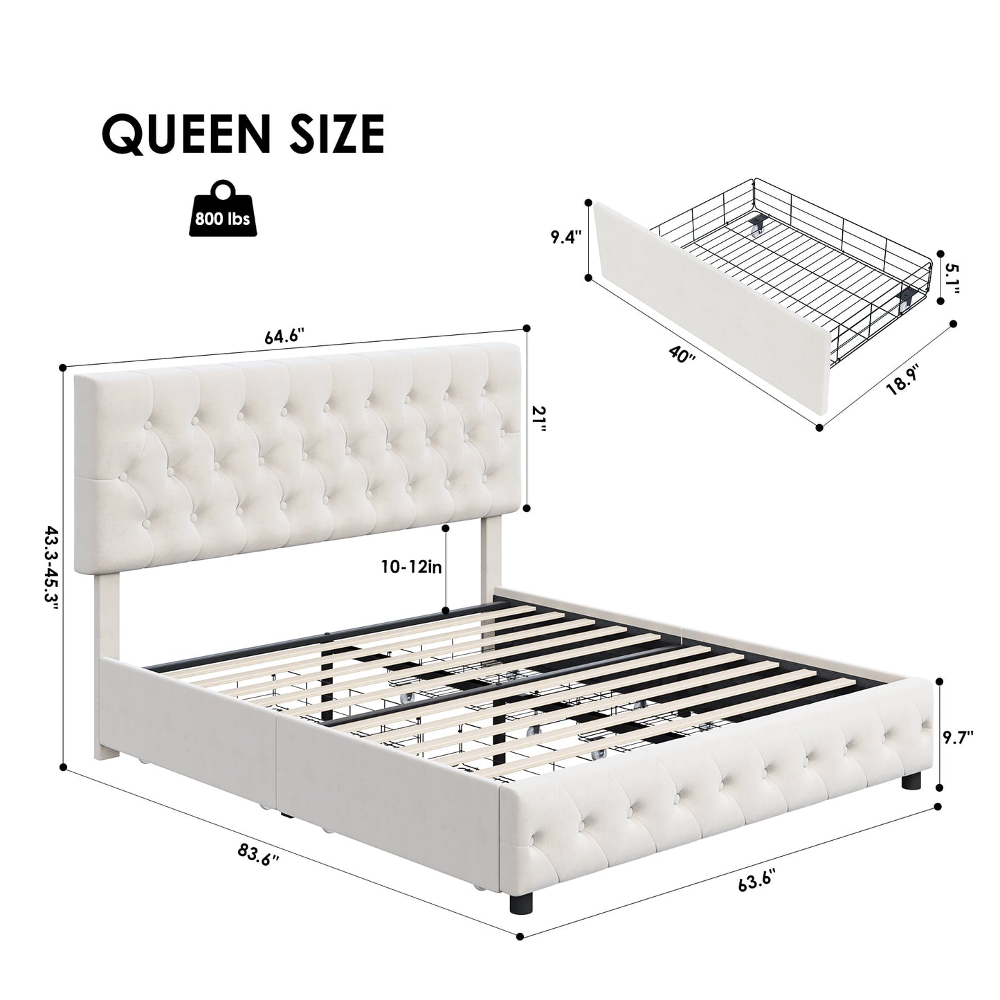 Queen Size Velvet Storage Bed with Adjustable Headboard – Off-White Platform Frame with 4 Drawers