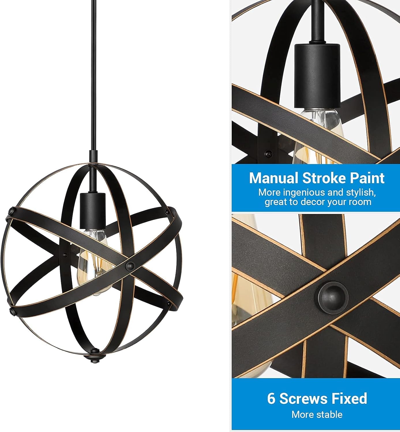 Industrial Farmhouse Metal Globe Pendant Light Fixture with 15FT Cord and On/Off Switch for Kitchen Island, Bedroom, Dining Hall