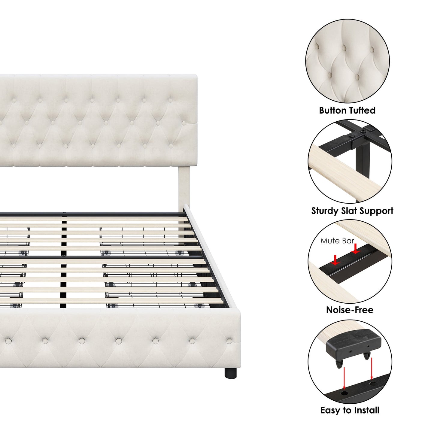 Queen Size Velvet Storage Bed with Adjustable Headboard – Off-White Platform Frame with 4 Drawers