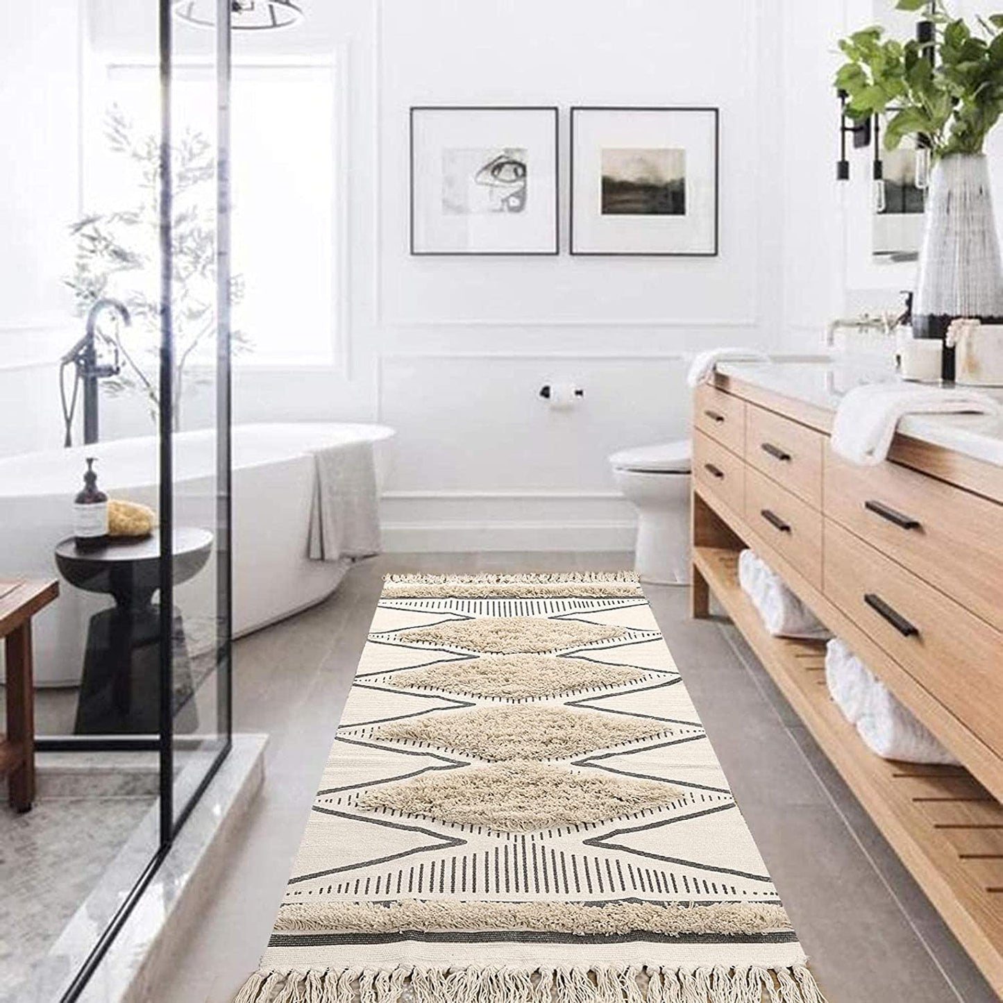 Boho Runner Rug 2.3'X5.3 Tufted Geometric Farmhouse Hallway Rugs with Tassels Washable Woven Tribal Diamond Throw Accent Rug Doormat for Kitchen Sink/Living Room/Bedroom