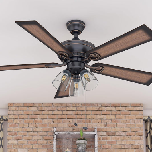 52-Inch Glenmont Farmhouse LED Ceiling Fan with Light and Pull Chain - Oil-Rubbed Bronze