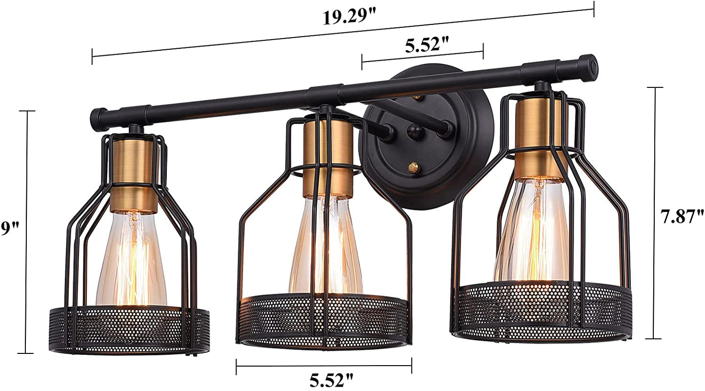 Industrial Bathroom Vanity Light 3 Light Farmhouse Metal Cage Bathroom Wall Light Fixture Black Wall Sconce Lighting Edison Vintage Wall Light Fixture for Bathroom Vanity Mirror Cabinet