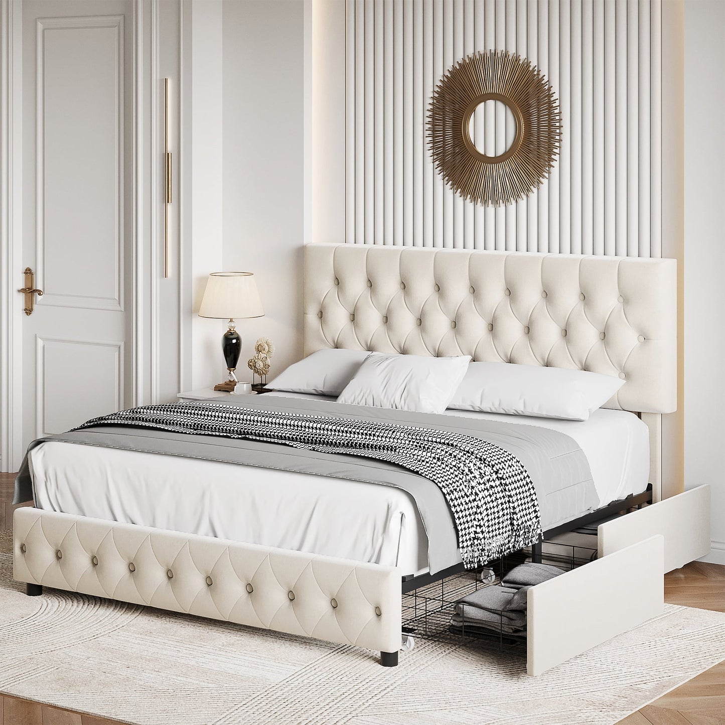 Queen Size Velvet Storage Bed with Adjustable Headboard – Off-White Platform Frame with 4 Drawers