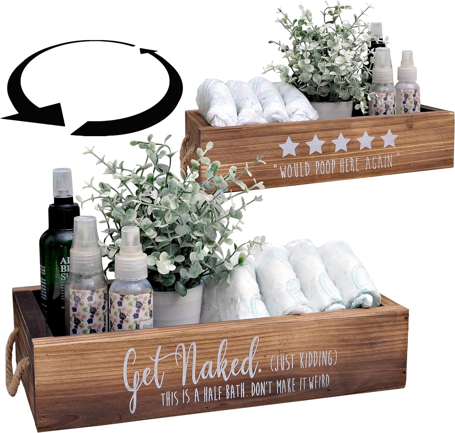 Five Stars Rustic Decor Box, One Box with Funny Saying Design on 2 Sides, Funny Toilet Paper Holder for Farmhouse Bathroom Decor, Get Naked Bath Toilet Organizer, Diaper Organizer,