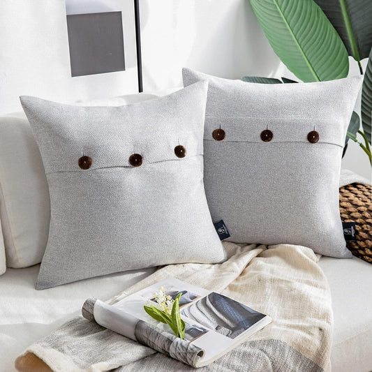 Farmhouse Throw Pillow Covers Triple Button Vintage Linen Solid Decorative Pillow Cover for Couch Bed and Chair Light Grey, 18 X 18 Inches 45 X 45 Cm, Pack of 2