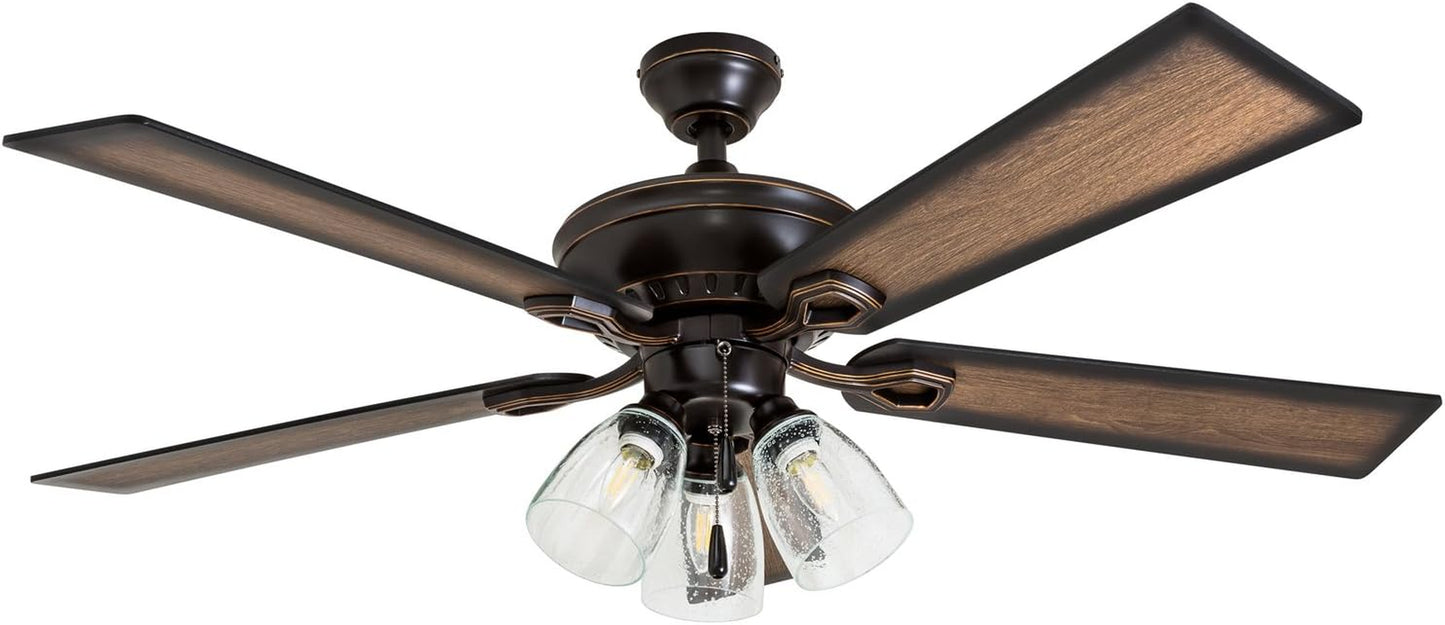 52-Inch Glenmont Farmhouse LED Ceiling Fan with Light and Pull Chain - Oil-Rubbed Bronze