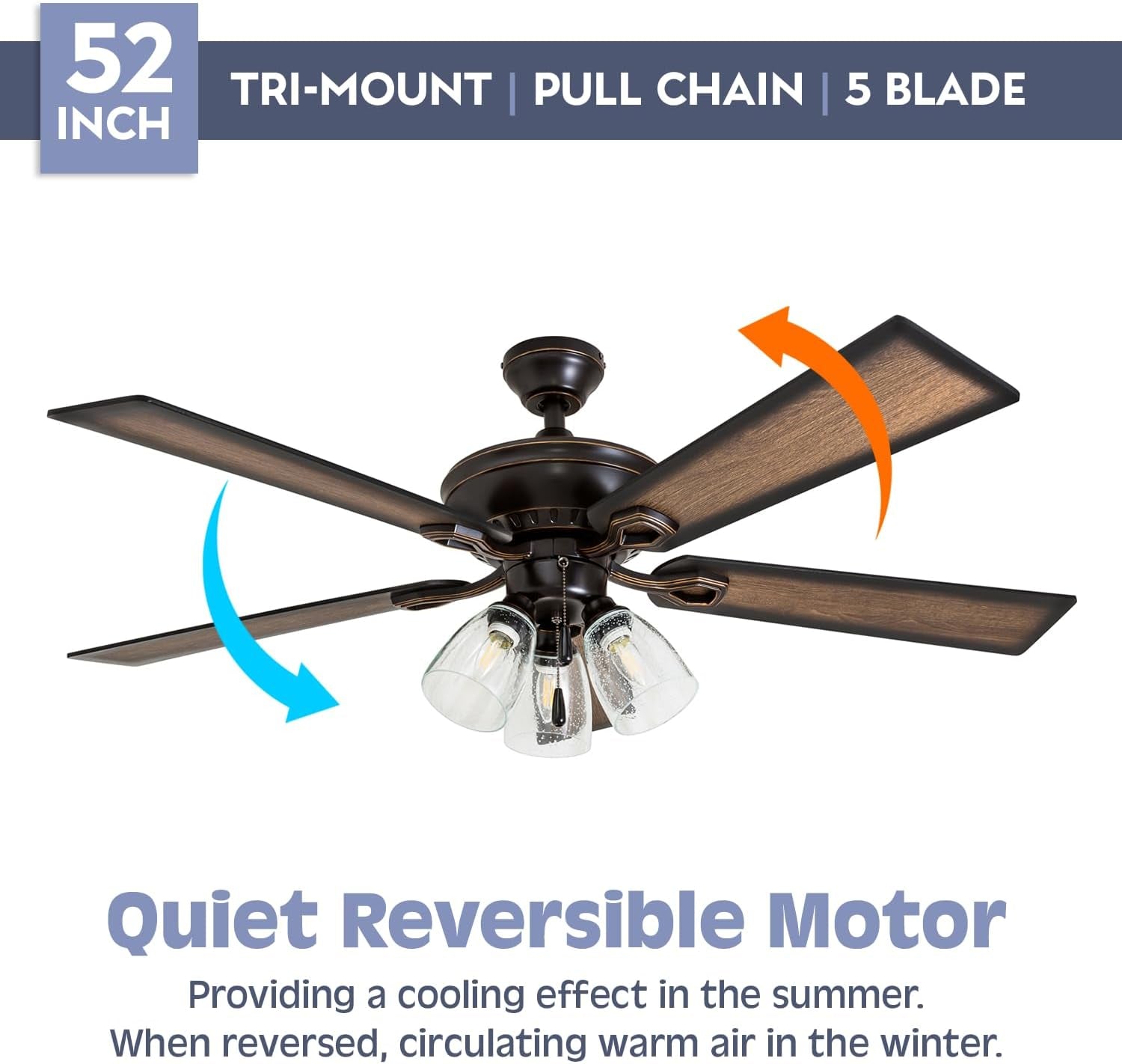 52-Inch Glenmont Farmhouse LED Ceiling Fan with Light and Pull Chain - Oil-Rubbed Bronze