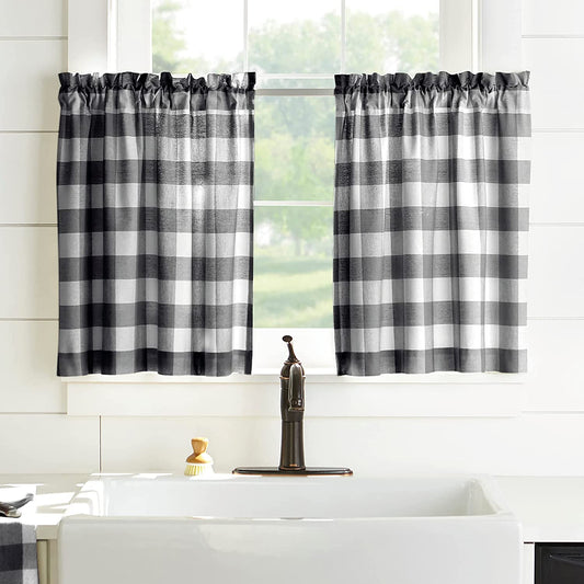 Farmhouse Living Buffalo-Check Tier Curtain Set for Bathroom or Kitchen - Set of 2 Tiers - 30" X 24" - Black/White