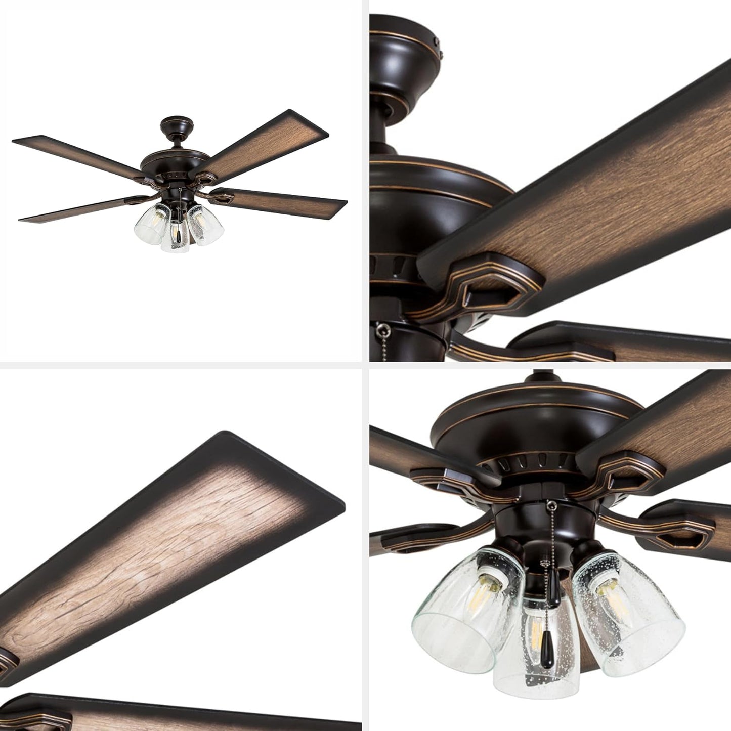 52-Inch Glenmont Farmhouse LED Ceiling Fan with Light and Pull Chain - Oil-Rubbed Bronze