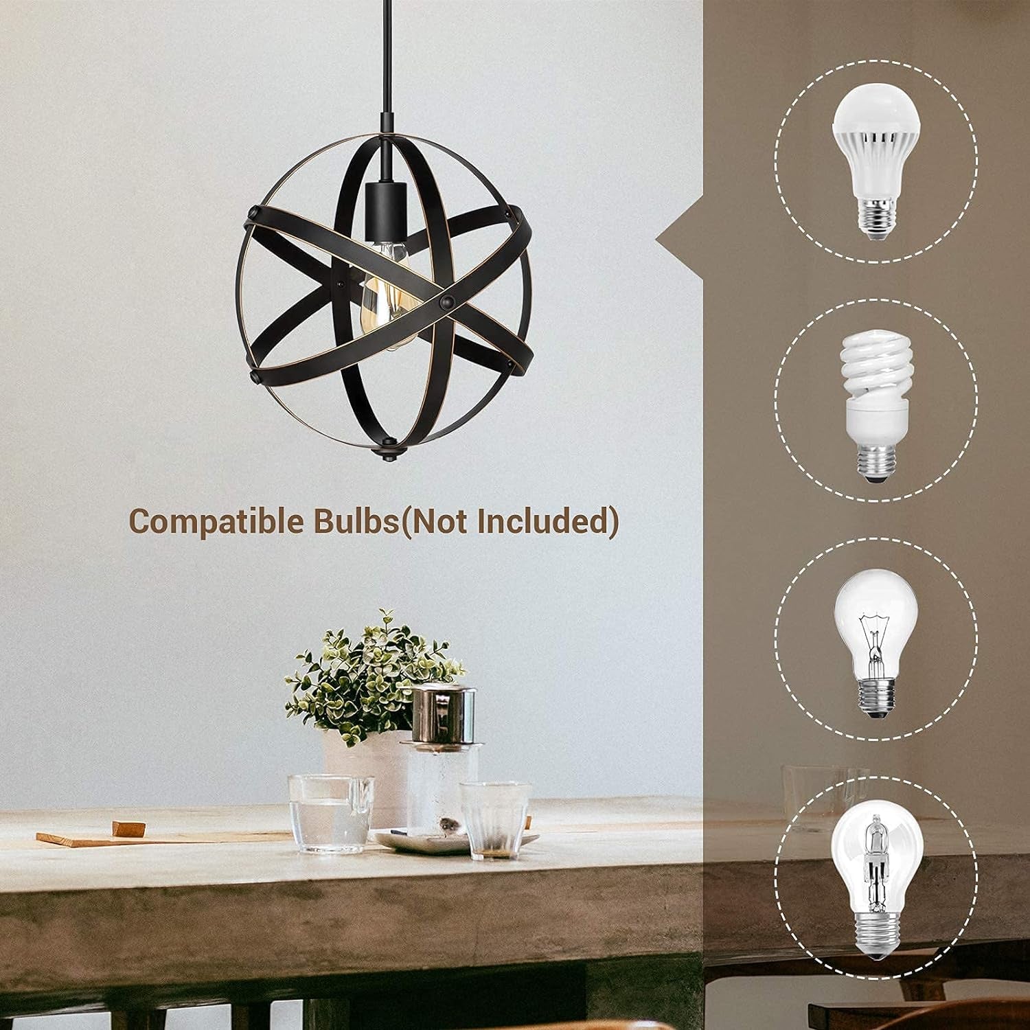 Industrial Farmhouse Metal Globe Pendant Light Fixture with 15FT Cord and On/Off Switch for Kitchen Island, Bedroom, Dining Hall