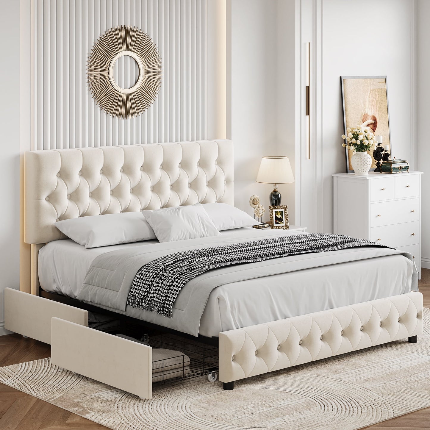 Queen Size Velvet Storage Bed with Adjustable Headboard – Off-White Platform Frame with 4 Drawers