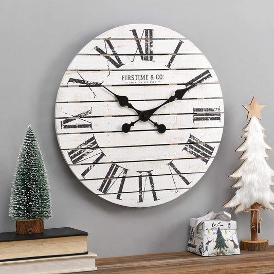 White Farmhouse Shiplap Wall Clock, Large Vintage Decor for Living Room, Home Office, Round, Wood, Boho, 18 Inches