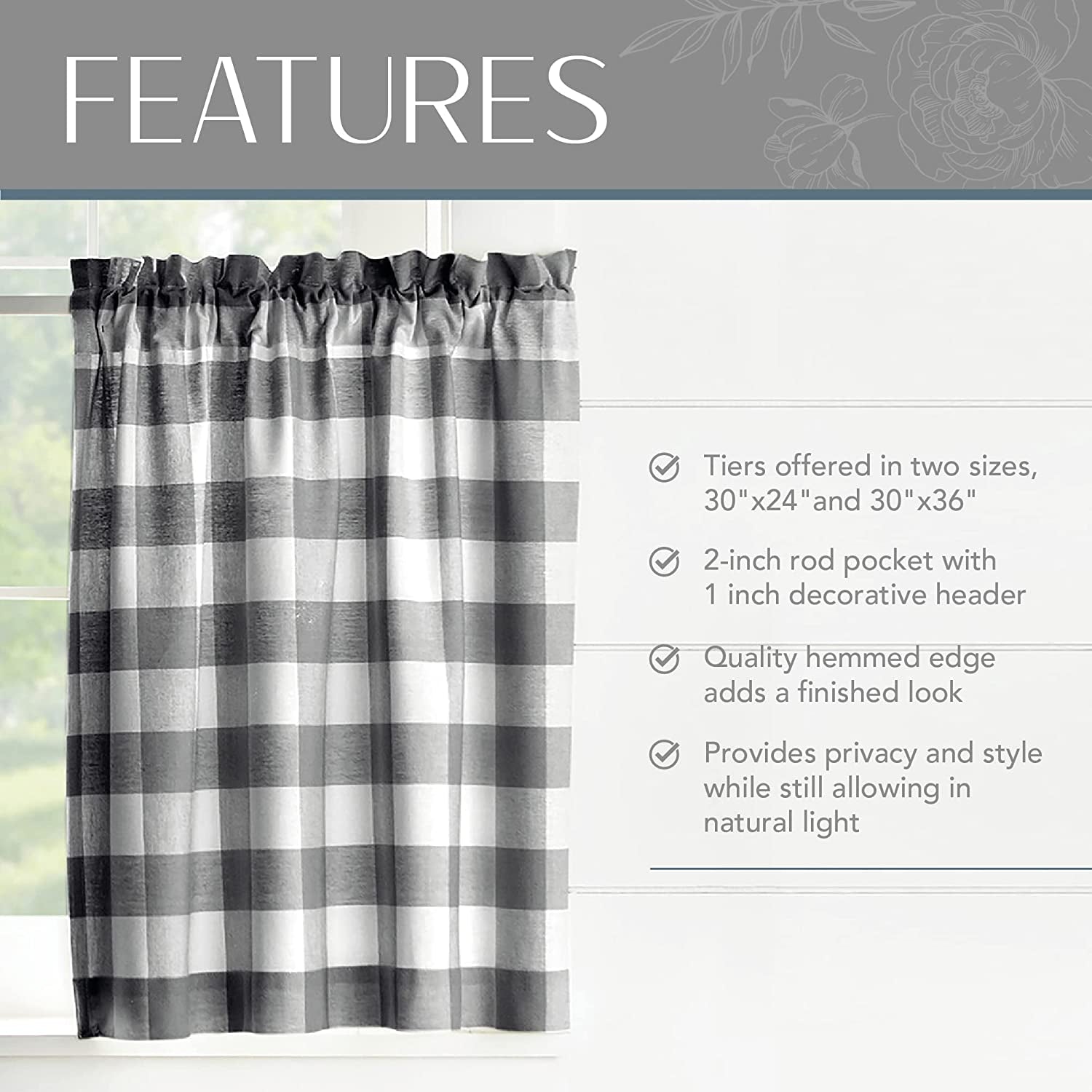 Farmhouse Living Buffalo-Check Tier Curtain Set for Bathroom or Kitchen - Set of 2 Tiers - 30" X 24" - Black/White