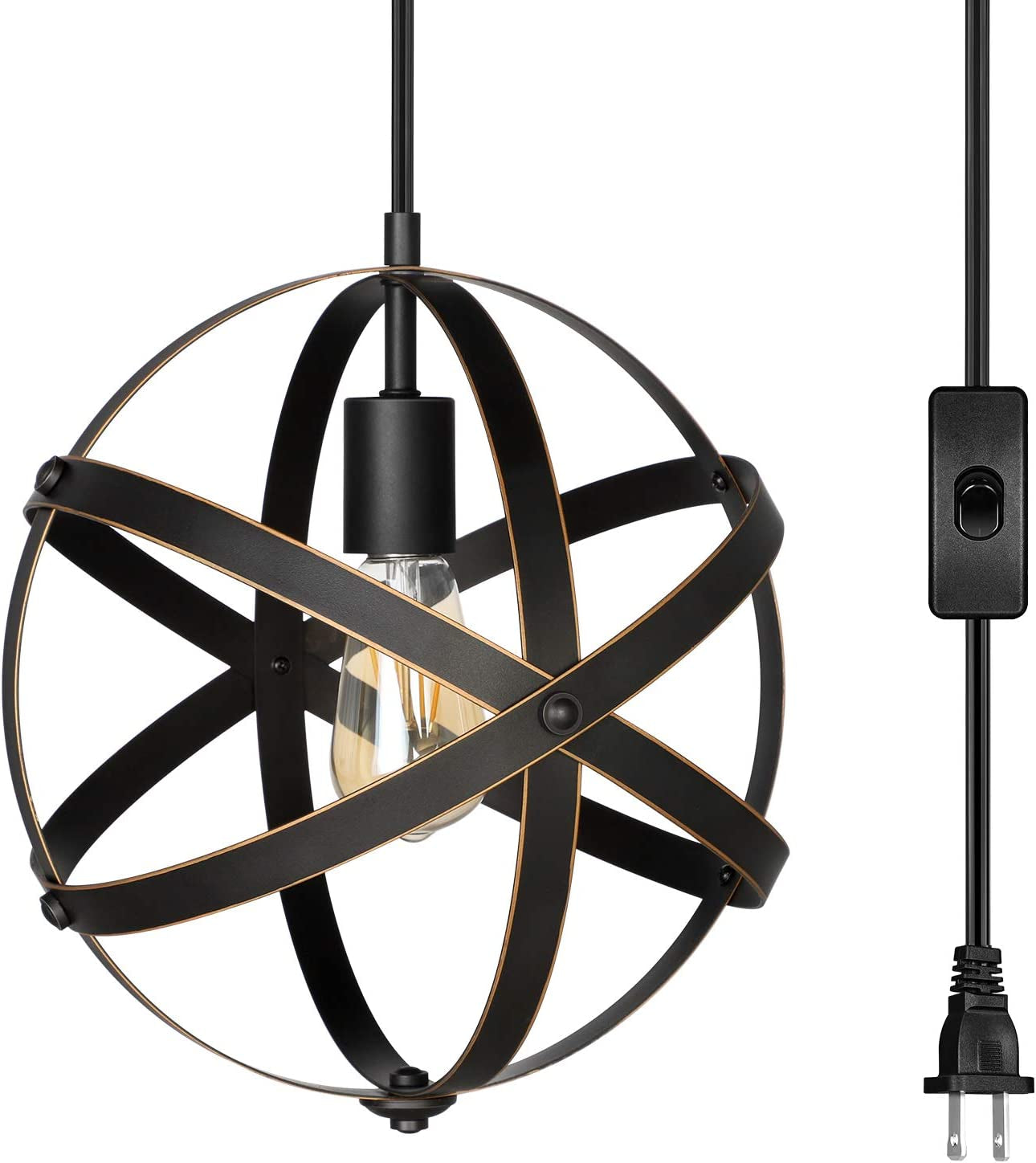 Industrial Farmhouse Metal Globe Pendant Light Fixture with 15FT Cord and On/Off Switch for Kitchen Island, Bedroom, Dining Hall